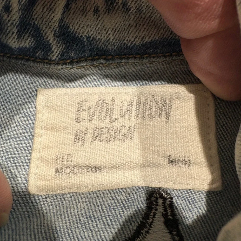 Evolution In Design‎ Denim Jacket Kids Size 5 Blue Gothic Patch Distressed